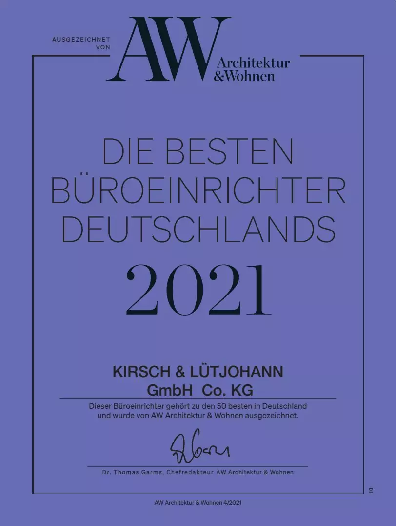 Auszeichnung K&L Beste Bueroeinrichter 2021 Auszeichnung Kirsch & Lütjohann - Beste Bueroeinrichter 2021
